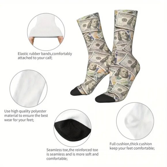🎁Funky Money Print Mid-Calf Socks Moisture-Wicking Stretch Fit President's Day - Picture 6 of 6